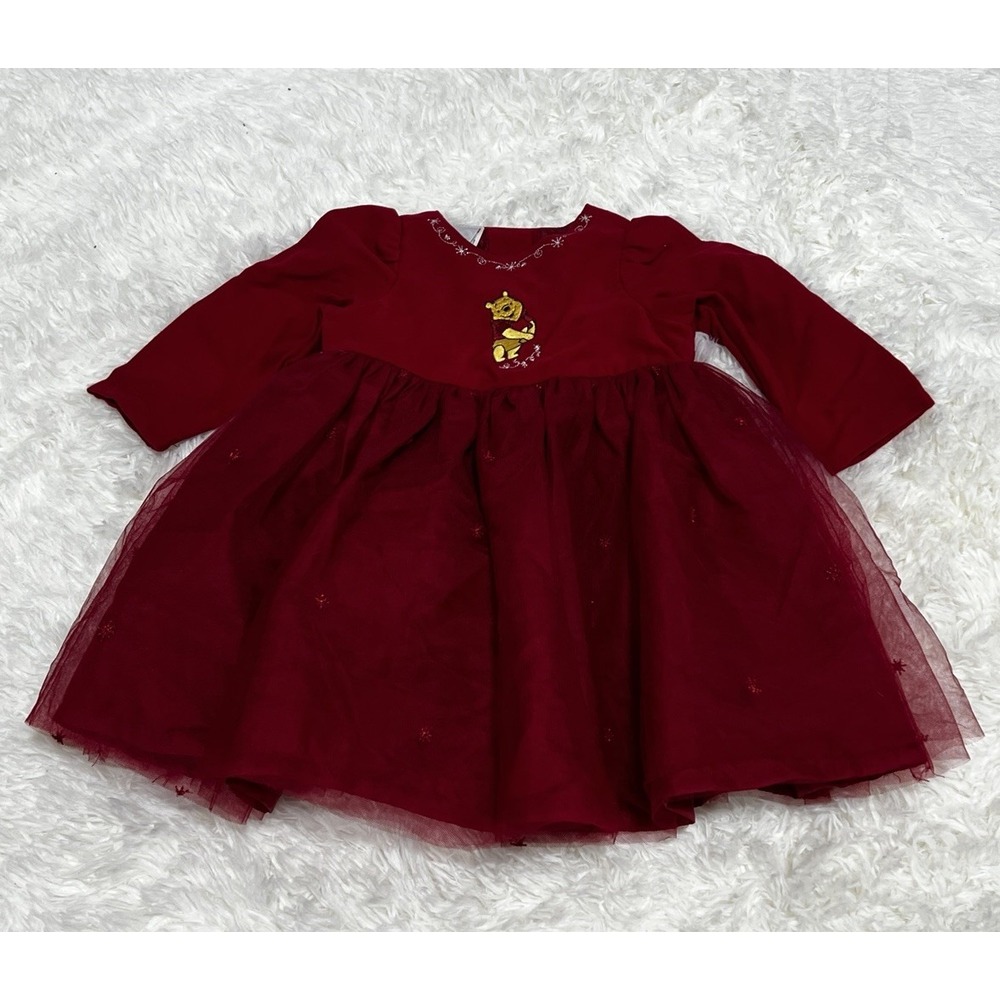 Disney Store Winnie the Pooh Velour Velvet Dress 6M Red Christmas Holiday Vtg